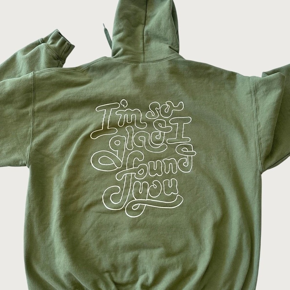 Found Coffee Graphic Hoodie Unisex L Back Print Olive Green LA Streetwear Relax